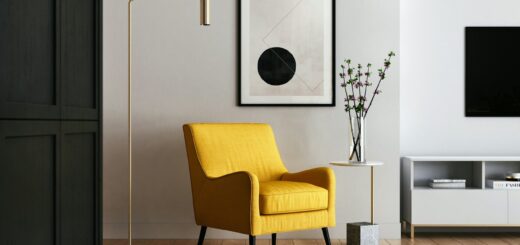 brown wooden framed yellow padded chair