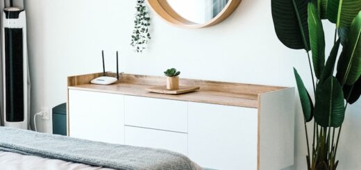 white wooden dresser with mirror