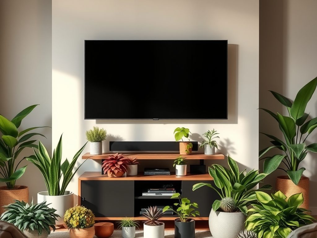 Rośliny obok telewizora: jak dobrać gatunki i bezpiecznie zaaranżować przestrzeń w salonie